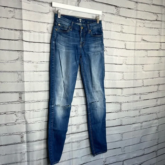 7 For All Mankind Blue Skinny Jeans 25x29 High-Rise Stretch Denim Distressed Y2K - Picture 2 of 16